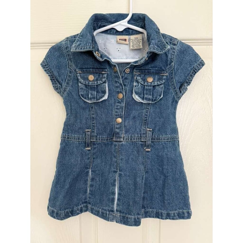 Faded Glory Baby Girls Denim Dress 12M Blue Jean Button Front Short Sleeve